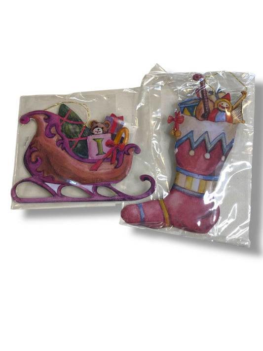 2 New Lillian Vernon Painted Metal Ornaments Vintage 5" Sled Stocking