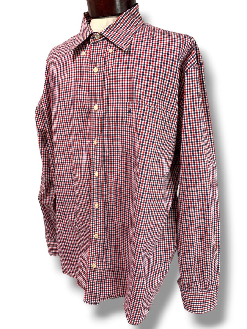 3XL Nautica Slim Fit Mens Button Down Dress Shirt Red White Blue Check Wrinkle Resistant