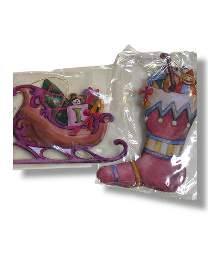 2 New Lillian Vernon Painted Metal Ornaments Vintage 5" Sled Stocking