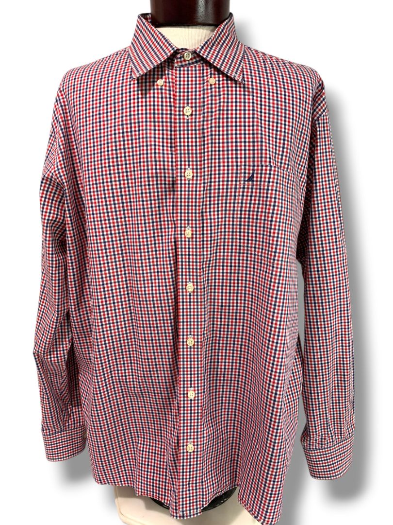 3XL Nautica Slim Fit Mens Button Down Dress Shirt Red White Blue Check Wrinkle Resistant
