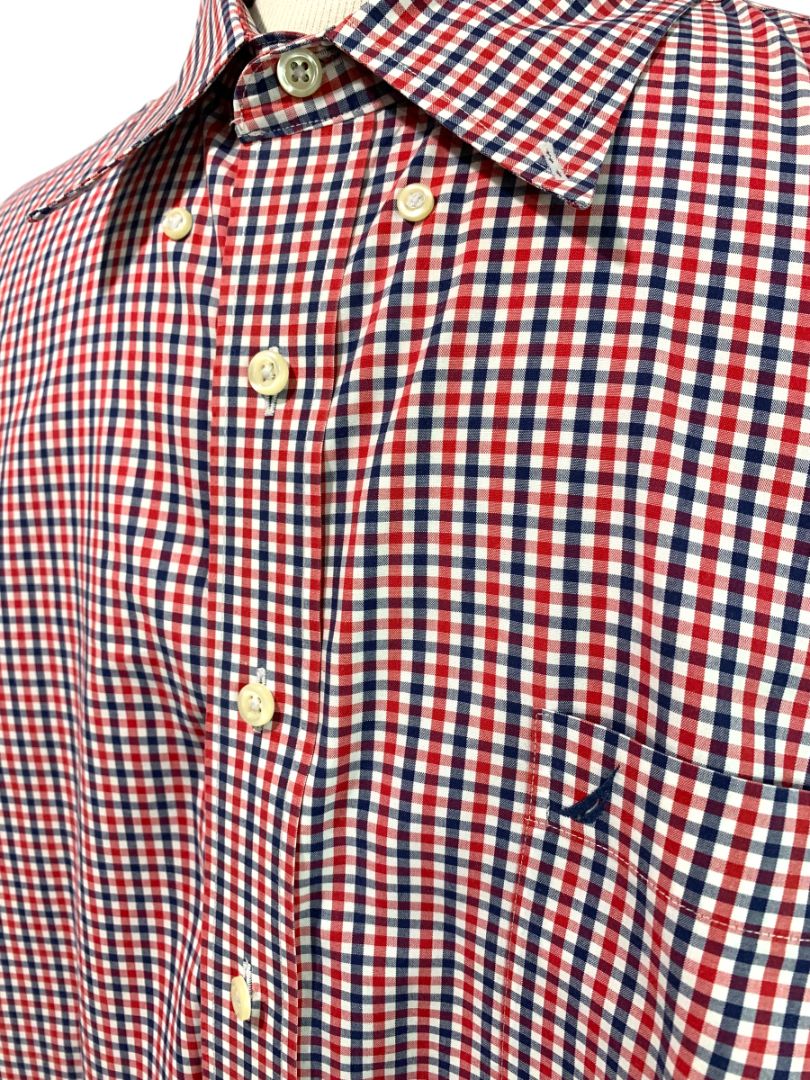 3XL Nautica Slim Fit Mens Button Down Dress Shirt Red White Blue Check Wrinkle Resistant