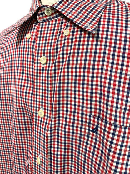 3XL Nautica Slim Fit Mens Button Down Dress Shirt Red White Blue Check Wrinkle Resistant