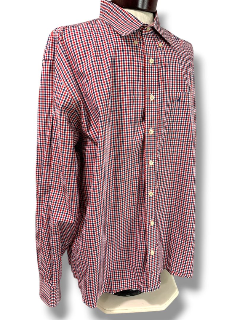 3XL Nautica Slim Fit Mens Button Down Dress Shirt Red White Blue Check Wrinkle Resistant