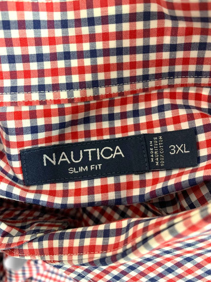 3XL Nautica Slim Fit Mens Button Down Dress Shirt Red White Blue Check Wrinkle Resistant