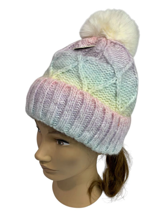One Size Be Clever Womens Pastel Knit Beanie Hat Plush Lined Pom Pom New