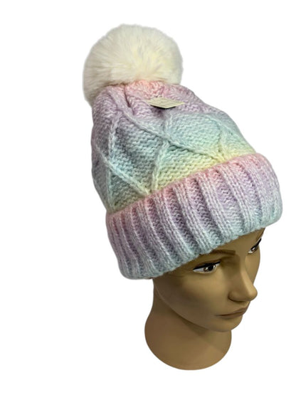 One Size Be Clever Womens Pastel Knit Beanie Hat Plush Lined Pom Pom New