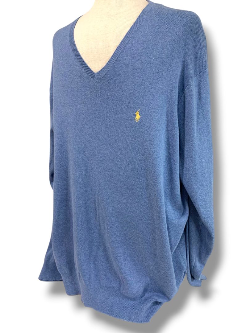 Size 3XLT Polo by Ralph Lauren Mens Blue Tall V-Neck Sweater Pima Cotton