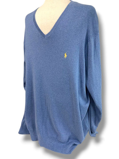 Size 3XLT Polo by Ralph Lauren Mens Blue Tall V-Neck Sweater Pima Cotton