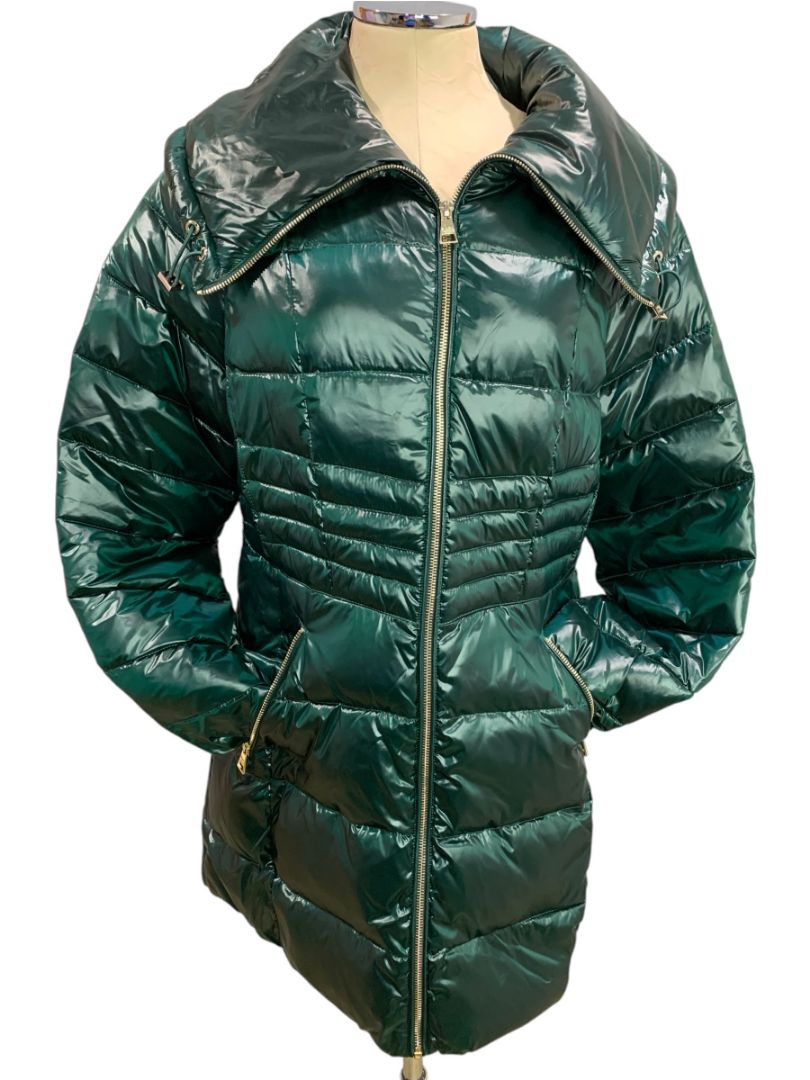 Large Karl Lagerfeld Womens Down Puffer Mid-Length Jacket Shiny Green