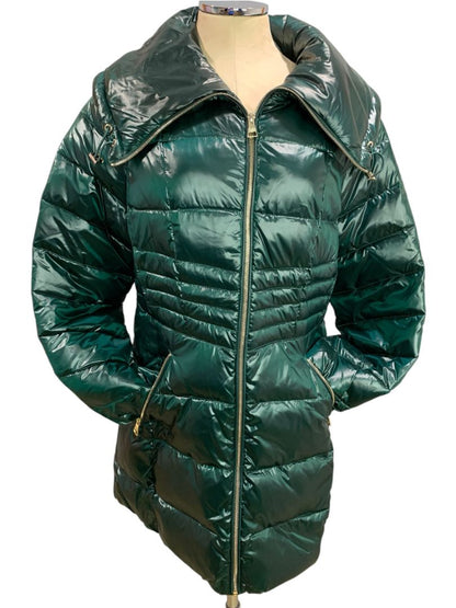 Large Karl Lagerfeld Womens Down Puffer Mid-Length Jacket Shiny Green