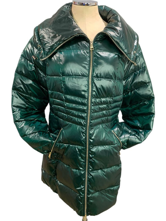 Large Karl Lagerfeld Womens Down Puffer Mid-Length Jacket Shiny Green