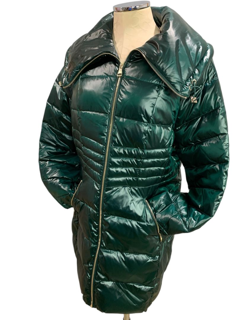 Large Karl Lagerfeld Womens Down Puffer Mid-Length Jacket Shiny Green