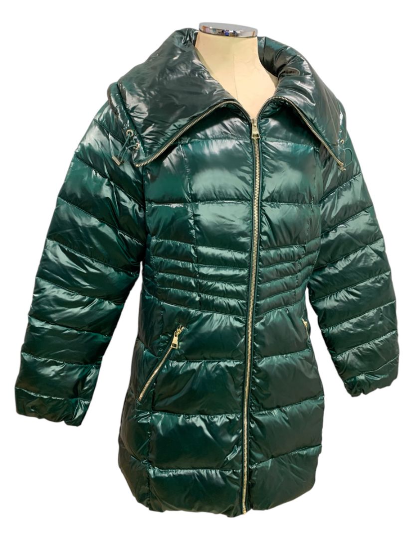 Large Karl Lagerfeld Womens Down Puffer Mid-Length Jacket Shiny Green