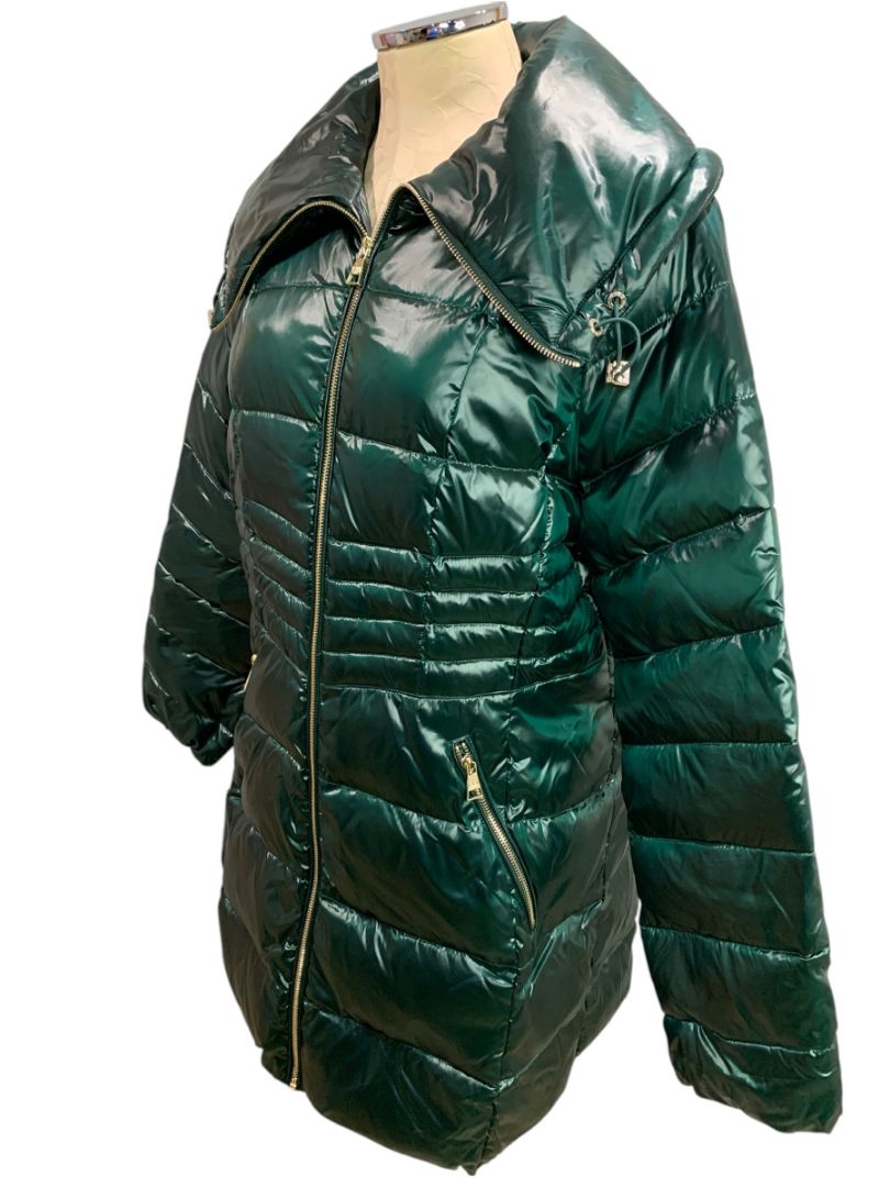 Large Karl Lagerfeld Womens Down Puffer Mid-Length Jacket Shiny Green