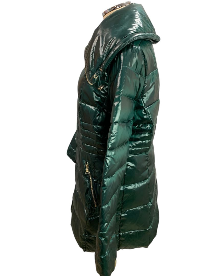 Large Karl Lagerfeld Womens Down Puffer Mid-Length Jacket Shiny Green