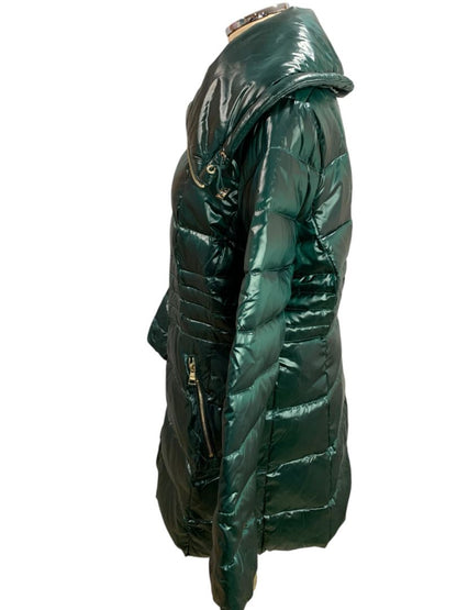 Large Karl Lagerfeld Womens Down Puffer Mid-Length Jacket Shiny Green