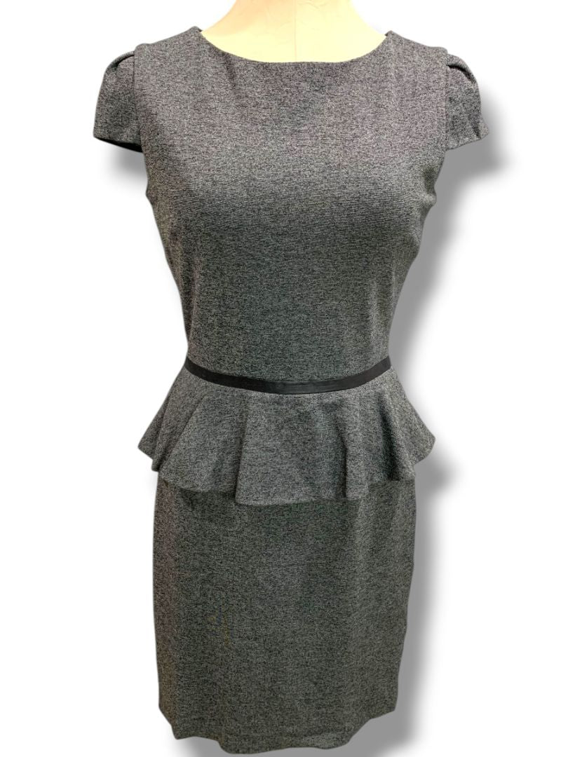 Size 4 Tahari Arthur S. Levine Gray Ponte Knit Peplum Waist Dress