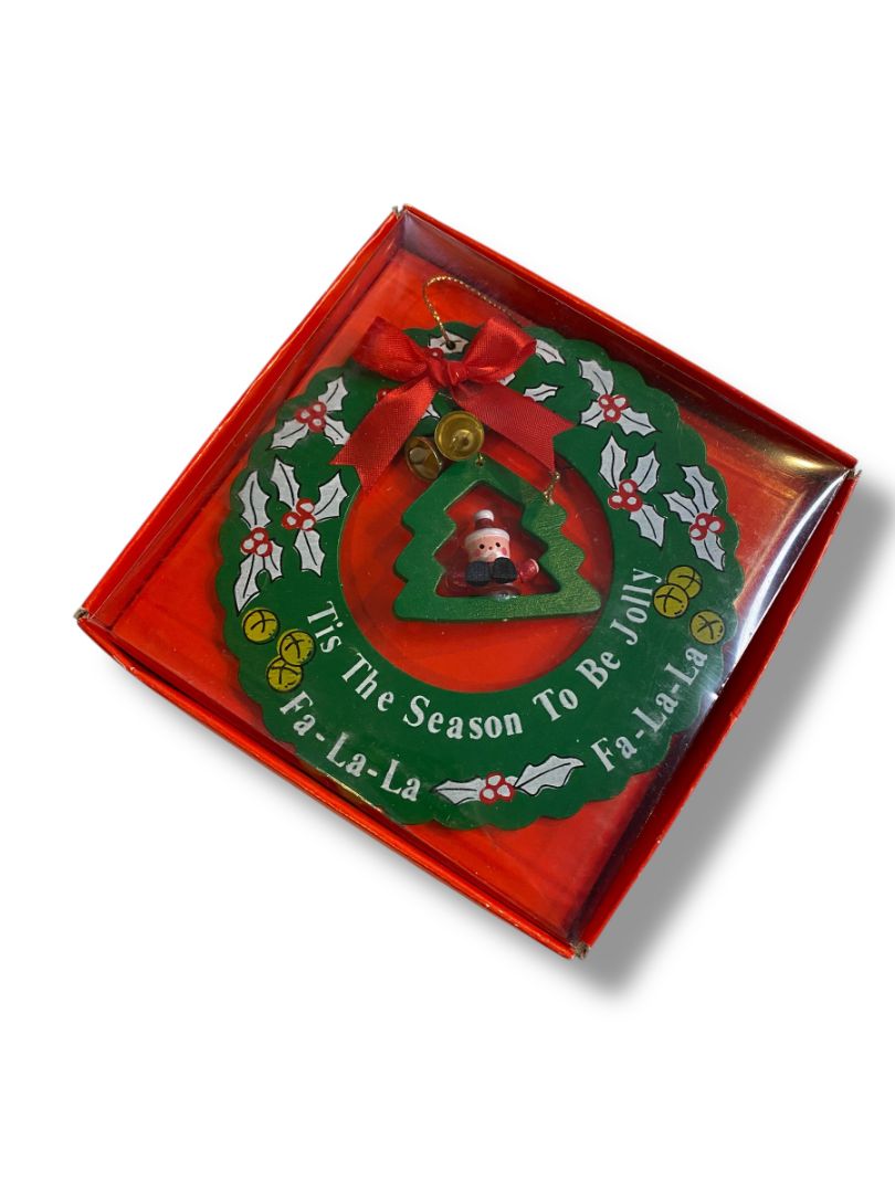 1986 Giftco Christmas is Love Wood Wreath Santa Hanging Ornament 5”