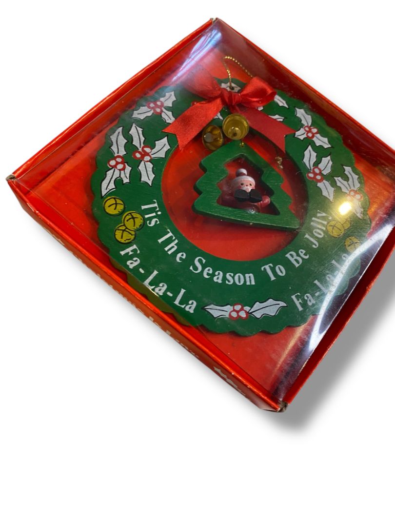 1986 Giftco Christmas is Love Wood Wreath Santa Hanging Ornament 5”