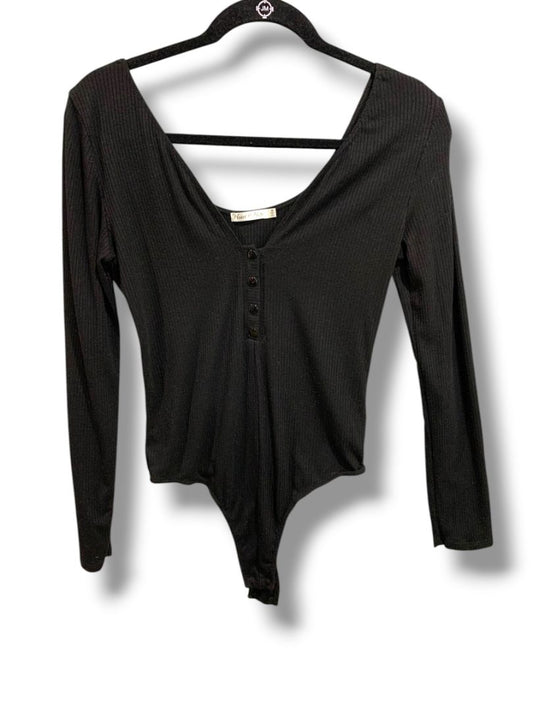 Medium Heart Hips Womens Black Body Suit Ribbed V-Neck