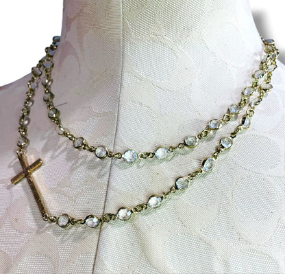 Goldtone Cross and Clear Crystal Necklace 38" + 4" Extender