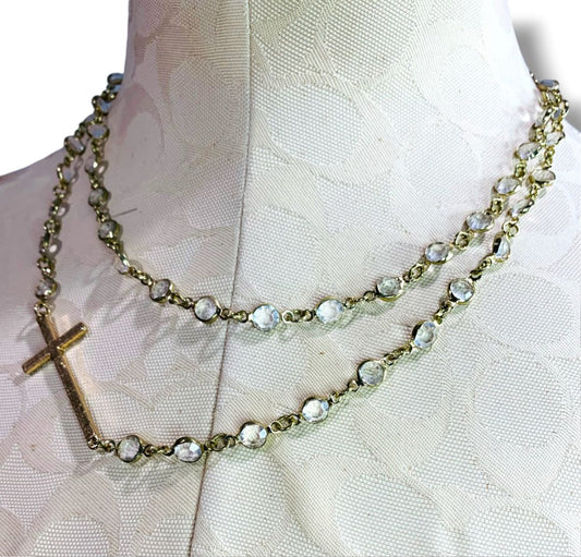 Goldtone Cross and Clear Crystal Necklace 38" + 4" Extender