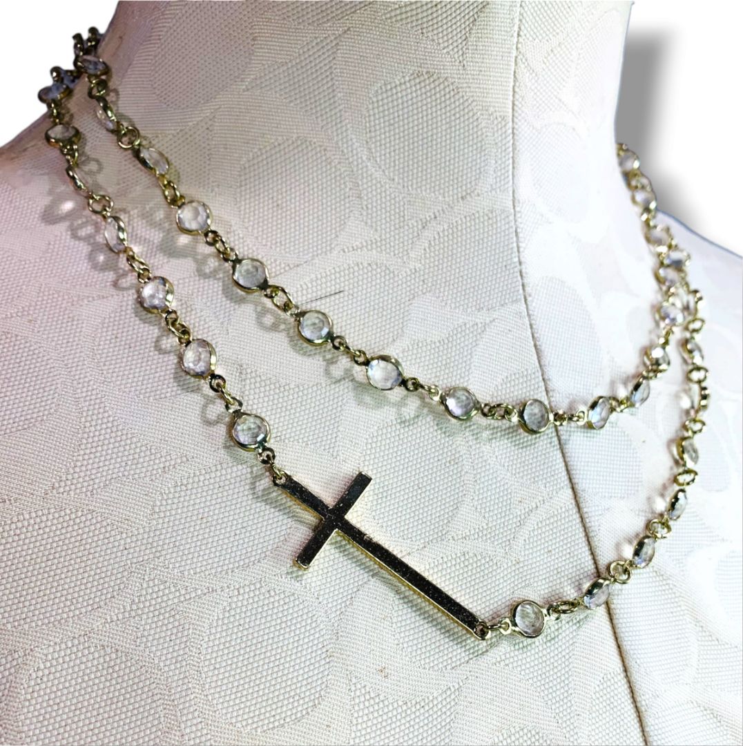 Goldtone Cross and Clear Crystal Necklace 38" + 4" Extender