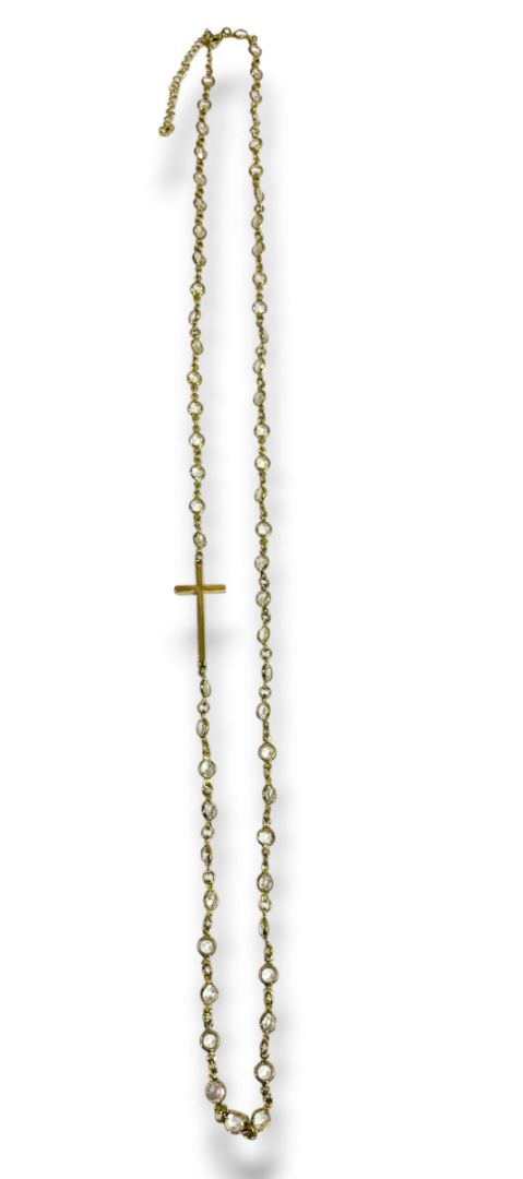 Goldtone Cross and Clear Crystal Necklace 38" + 4" Extender