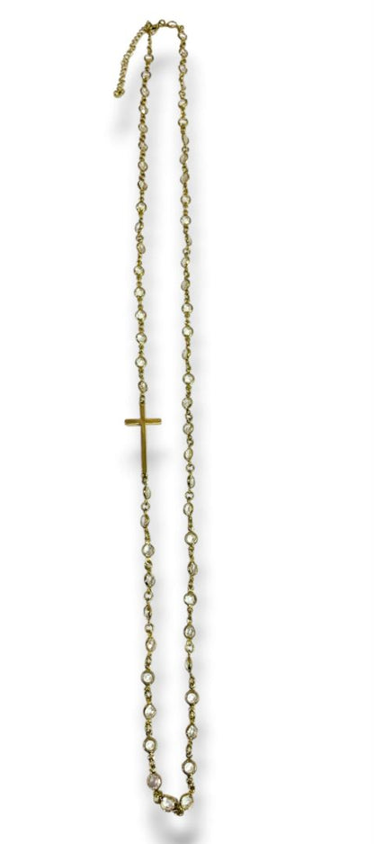 Goldtone Cross and Clear Crystal Necklace 38" + 4" Extender