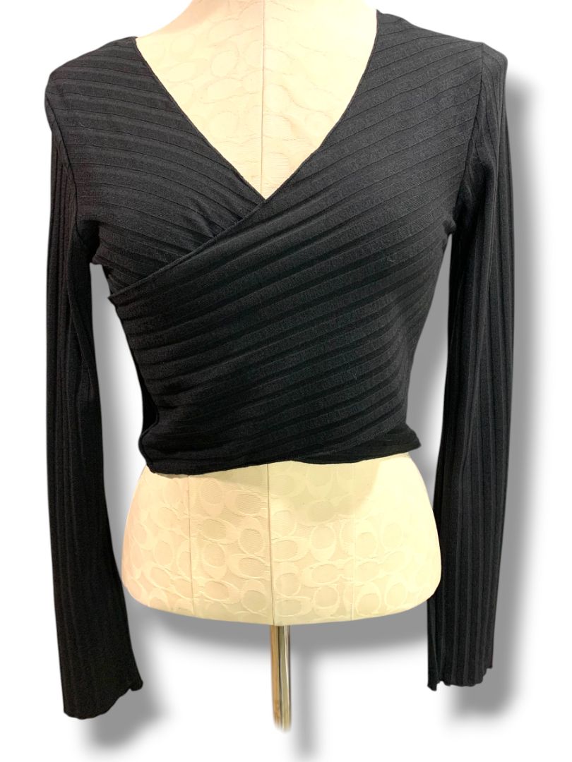 Size 10 Princess Polly Abigail Wrap Top Black Long Sleeve Crop