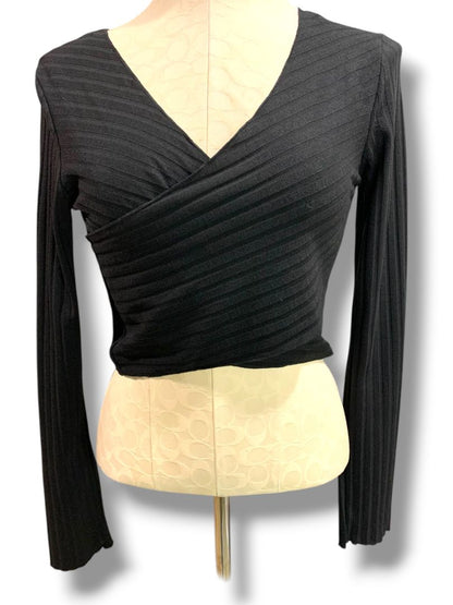 Size 10 Princess Polly Abigail Wrap Top Black Long Sleeve Crop
