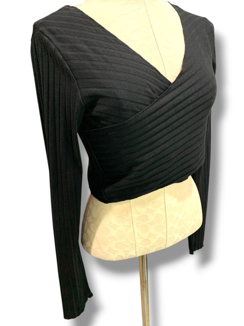 Size 10 Princess Polly Abigail Wrap Top Black Long Sleeve Crop
