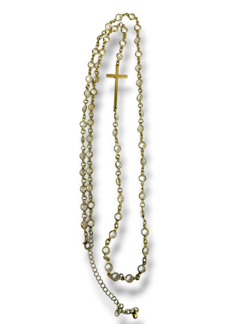 Goldtone Cross and Clear Crystal Necklace 38" + 4" Extender