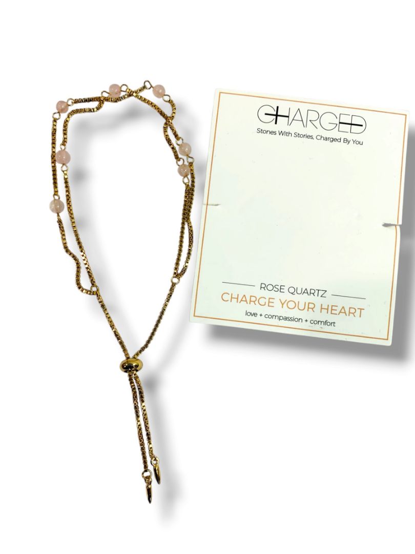Charged New 18K Gold Plated Rose Quartz Bracelet Double Strand Slide Adjust