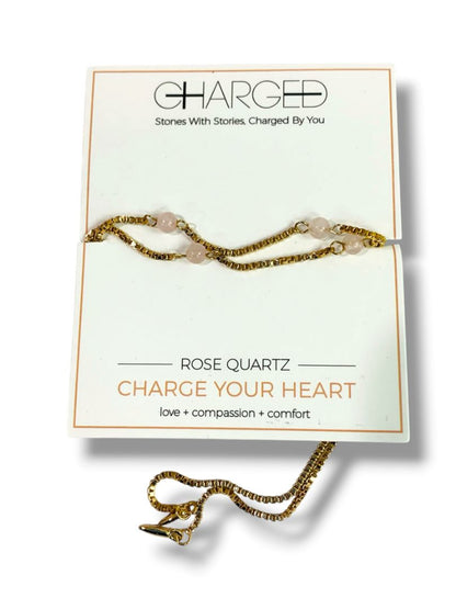 Charged New 18K Gold Plated Rose Quartz Bracelet Double Strand Slide Adjust