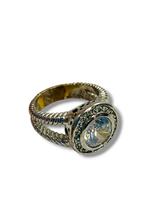 Size 10.5 Silvertone Statement Ring Clear Bevel Twist Design Band