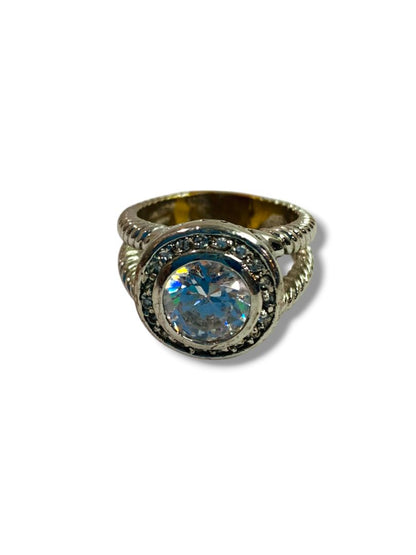 Size 10.5 Silvertone Statement Ring Clear Bevel Twist Design Band