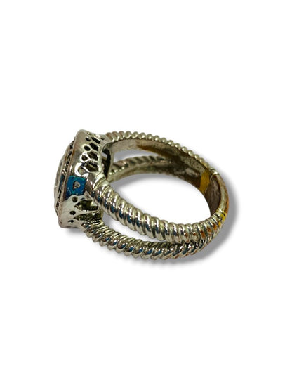 Size 10.5 Silvertone Statement Ring Clear Bevel Twist Design Band