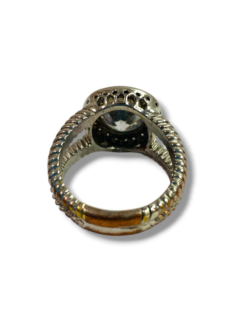 Size 10.5 Silvertone Statement Ring Clear Bevel Twist Design Band
