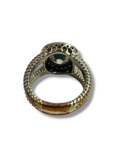 Size 10.5 Silvertone Statement Ring Clear Bevel Twist Design Band