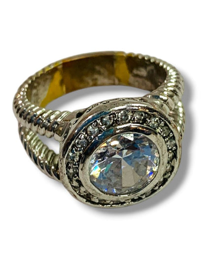 Size 10.5 Silvertone Statement Ring Clear Bevel Twist Design Band