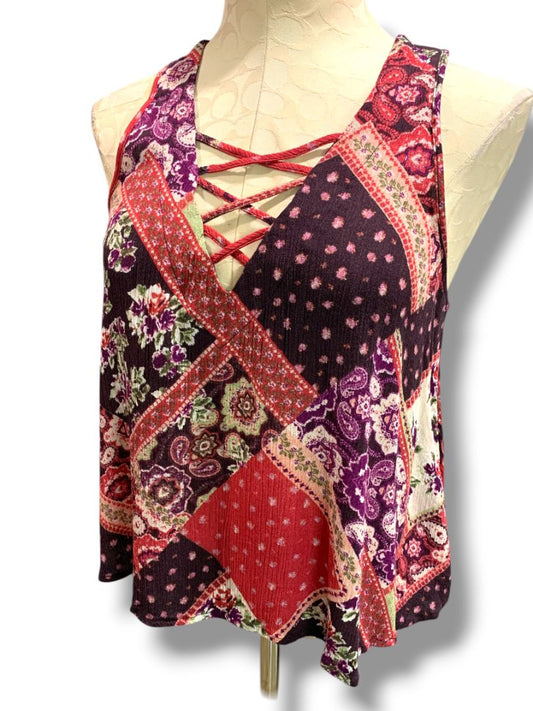 Medium Chloe & Katie Womens Sleeveless Boho Shirt Lattice Neckline