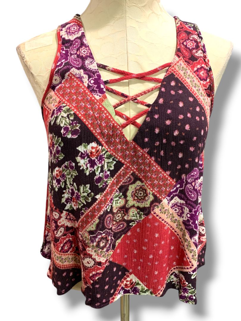 Medium Chloe & Katie Womens Sleeveless Boho Shirt Lattice Neckline