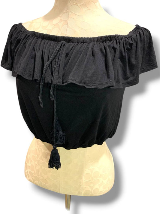 Large Bear Dance Womens Off Shoulder Black Crop Top Banded Hem