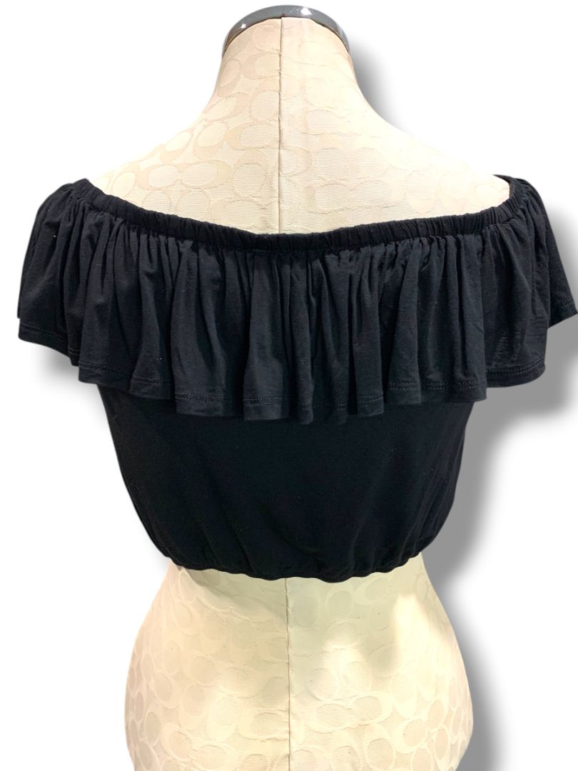 Large Bear Dance Womens Off Shoulder Black Crop Top Banded Hem