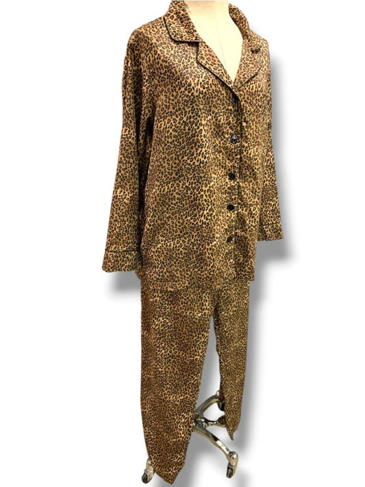 Size XL Chaps Womens 2 Piece Pajama PJs Satin Animal Print Brown