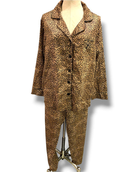 Size XL Chaps Womens 2 Piece Pajama PJs Satin Animal Print Brown