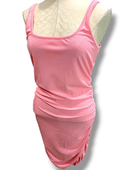 Large  Pink Fitted Tank Dress Ruched Sides Stretch
