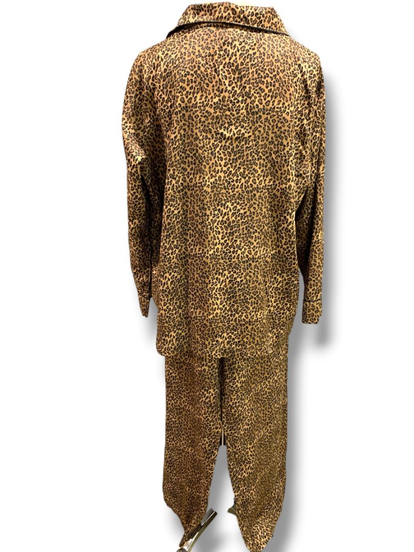 Size XL Chaps Womens 2 Piece Pajama PJs Satin Animal Print Brown