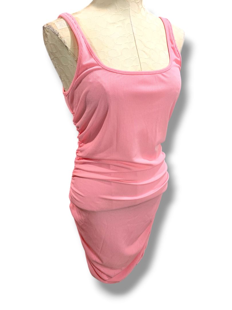 Large  Pink Fitted Tank Dress Ruched Sides Stretch